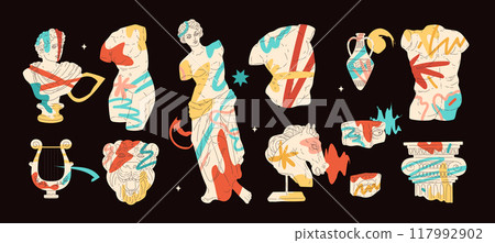 Vector set of Greek sculptures: Venus de Milo, male torso, bust, harp and much more Vector set of Greek sculptures: Venus de Milo, male torso, bust, harp and much more 117992902