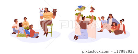 People playing in the hands puppet show performance for children vector illustration set, cute theater fairy tale heroes 117992922