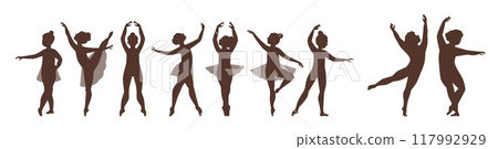 Beautiful young ballerina in tutu skirt in various poses vector silhouette set, classical ballet dance child performance 117992929