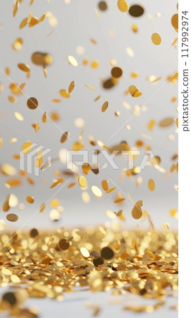 Against a white background, golden confetti twirls and floats in the air, adding a touch of celebration and sparkle. Each piece catches the light, creating a dazzling and joyful atmosphere Against a white background, golden confetti twirls and floats in the air, adding a touch of celebration and sparkle. Each piece catches the light, creating a dazzling and joyful atmosphere 117992974