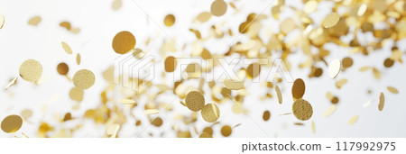 Golden confetti, suspended in mid-air against a crisp white background, creates a scene of celebration. The floating, shimmering particles reflect light, enhancing the festive mood, banner Golden confetti, suspended in mid-air against a crisp white background, creates a scene of celebration. The floating, shimmering particles reflect light, enhancing the festive mood, banner 117992975