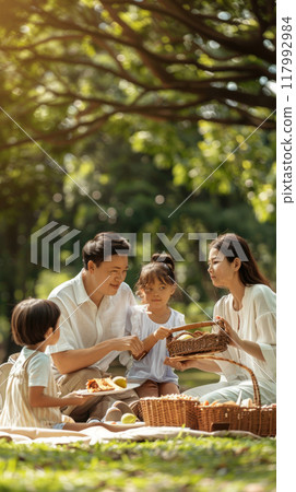 In a sunny park, a joyful family has a picnic with basic foods like bread, cheese, and fresh fruit, they sit on a colorful blanket, enjoying each other's company and the beautiful day 117992984