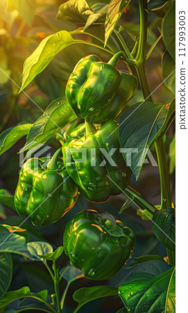 On the plantation, green sweet peppers flourish, their vibrant color contrasting with the green foliage, indicating optimal growth conditions 117993003