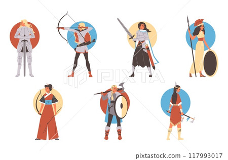 Ancient warriors fighters soldier women from various culture icon character set, armored beautiful women medieval knight Ancient warriors fighters soldier women from various culture icon character set, armored beautiful women medieval knight 117993017