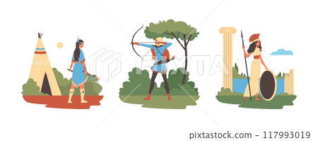 Native American Indian warrior woman with axes, Amazon archer soldier, Spartan fighter with spear vector cartoon set Native American Indian warrior woman with axes, Amazon archer soldier, Spartan fighter with spear vector cartoon set 117993019
