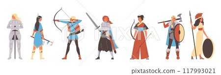 Vector set of female warrior characters with includes Greek Amazon archers, Indian hunters and Scandinavian warriors in armor Vector set of female warrior characters with includes Greek Amazon archers, Indian hunters and Scandinavian warriors in armor 117993021