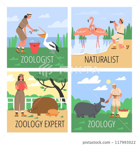 Set of squared banners about zoology flat style, vector illustration 117993022