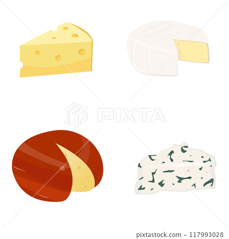 Cheese types set. Modern vector illustration. Cartoon style food icons isolated on white background 117993028