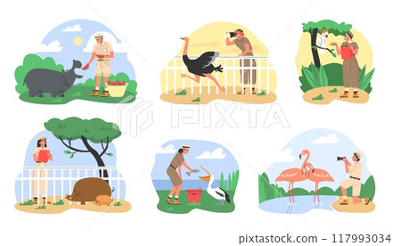 Zoologists and animals vector illustration set Zoologists and animals vector illustration set 117993034