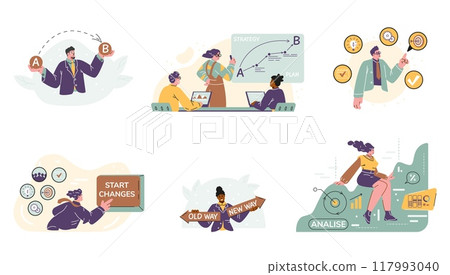 Business people project managers analysis and makes decisions vector set, change management, improvement and development 117993040