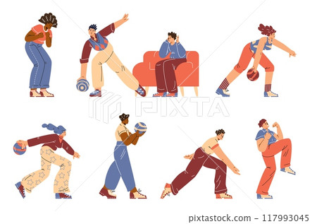 Set of dynamic characters playing bowling on an isolated background. Set of dynamic characters playing bowling on an isolated background. 117993045