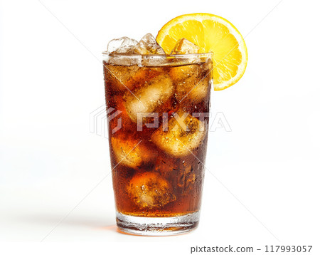 A glass of iced cola with a lemon slice 117993057