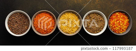 Multicolored lentils in bowls Multicolored lentils in bowls 117993187