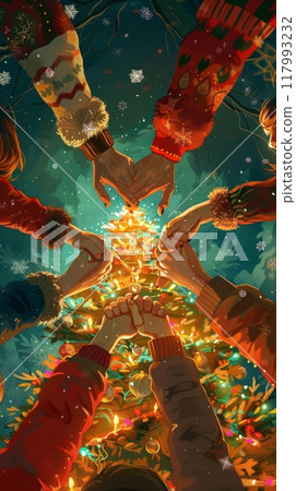 Gathered around the adorned Christmas tree, friends and family hold hands in a symbol of togetherness and love, creating a memorable moment filled with warmth and festive cheer 117993232