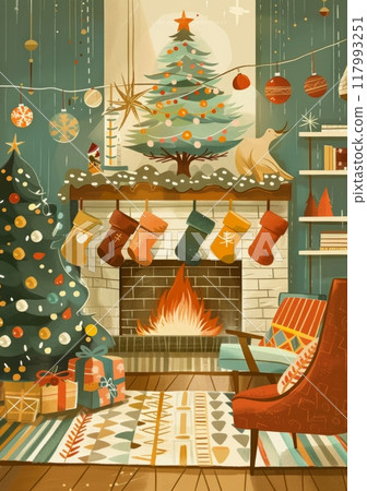 Celebrating the holiday spirit, this retro Christmas card showcases a delightful 1960s-style fireplace adorned with stockings , offering a timeless greeting that blends nostalgia with festive cheer 117993251