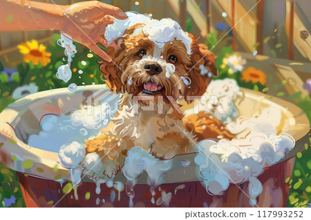 A person happily washes their delighted dog in a backyard tub filled with foamy shampoo, capturing a heartwarming moment of pet care and outdoor enjoyment A person happily washes their delighted dog in a backyard tub filled with foamy shampoo, capturing a heartwarming moment of pet care and outdoor enjoyment 117993252
