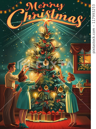 The holiday greeting card of a family adorning a tree in 1950s decor, blending vintage style with seasonal cheer in a heartwarming illustration that evokes memories of traditional Christmas traditions The holiday greeting card of a family adorning a tree in 1950s decor, blending vintage style with seasonal cheer in a heartwarming illustration that evokes memories of traditional Christmas traditions 117993253
