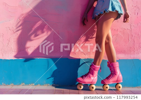 Vibrant 90s style: close-up of girl's legs in pink roller skates, against a blue wall, epitomizing retro coolness and carefree rollerblading joy Vibrant 90s style: close-up of girl's legs in pink roller skates, against a blue wall, epitomizing retro coolness and carefree rollerblading joy 117993254