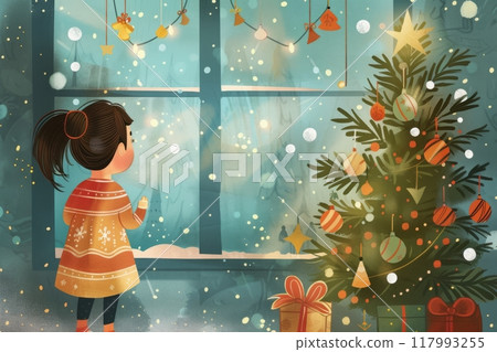 A young girl gazes at a Christmas tree in a cozy room filled with festive decorations, evoking warmth and holiday joy with twinkling lights and seasonal ornaments 117993255