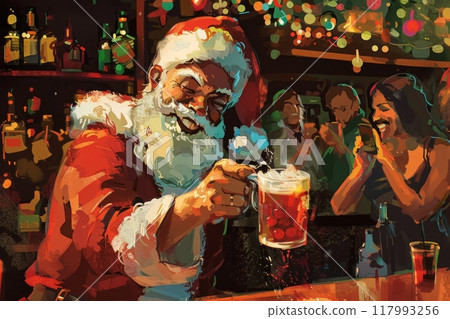 A Santa-clad bartender pours a drink with a big smile, spreading festive cheer and embodying the joyful spirit of Christmas in a lively bar setting, creating a merry and memorable celebration A Santa-clad bartender pours a drink with a big smile, spreading festive cheer and embodying the joyful spirit of Christmas in a lively bar setting, creating a merry and memorable celebration 117993256