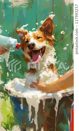 The backyard tub, brimming with sudsy shampoo, provides a refreshing scene of relaxation and cleanliness as a person lovingly bathes their contented dog outdoors The backyard tub, brimming with sudsy shampoo, provides a refreshing scene of relaxation and cleanliness as a person lovingly bathes their contented dog outdoors 117993257