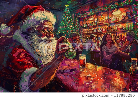 A Santa-clad bartender pours a drink with a big smile, spreading festive cheer and embodying the joyful spirit of Christmas in a lively bar setting, creating a merry and memorable celebration 117993290