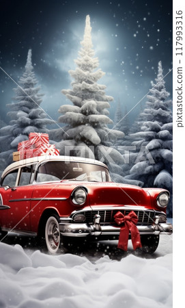 A red retro car, adorned with a Christmas tree and gifts atop, navigates snowy winter roads, spreading holiday cheer and nostalgia A red retro car, adorned with a Christmas tree and gifts atop, navigates snowy winter roads, spreading holiday cheer and nostalgia 117993316