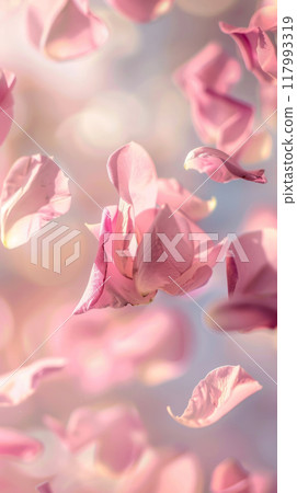 Against a soft blue sky, pink rose petals drift gently, crafting a peaceful and enchanting moment that highlights the natural elegance of the floating petals Against a soft blue sky, pink rose petals drift gently, crafting a peaceful and enchanting moment that highlights the natural elegance of the floating petals 117993319