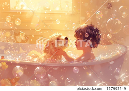 A child and their dog are having the time of their lives playing in a bathtub overflowing with bubbles, creating a joyful and adorable scene filled with laughter, splashes, and bubbly fun A child and their dog are having the time of their lives playing in a bathtub overflowing with bubbles, creating a joyful and adorable scene filled with laughter, splashes, and bubbly fun 117993349