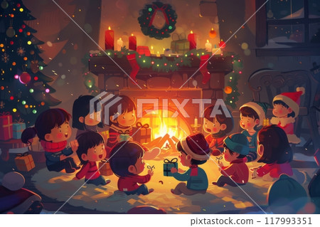 Gathered around a cozy fireplace, children and adults exchange gifts and sing Christmas carols, sharing warmth and festive joy in a heartwarming holiday tradition Gathered around a cozy fireplace, children and adults exchange gifts and sing Christmas carols, sharing warmth and festive joy in a heartwarming holiday tradition 117993351