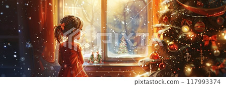 In a cozy setting, a five-year-old girl looks at a Christmas tree surrounded by festive decor, illuminating the room with the magic and joy of the holiday season In a cozy setting, a five-year-old girl looks at a Christmas tree surrounded by festive decor, illuminating the room with the magic and joy of the holiday season 117993374