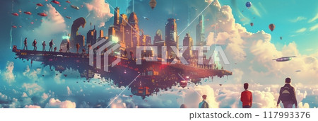 In a groundbreaking effort, a diverse group of individuals builds a floating city in the sky, showcasing unity, innovation The project symbolizes a harmonious, futuristic urban community, banner In a groundbreaking effort, a diverse group of individuals builds a floating city in the sky, showcasing unity, innovation The project symbolizes a harmonious, futuristic urban community, banner 117993376