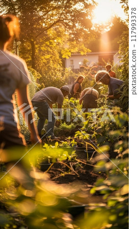 In a joint initiative, neighbors come together to create a community garden, through shared labor and passion for gardening, they transform a space into a thriving hub of greenery , do it together 117993378