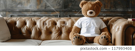 Bear in a white T-shirt, a leather sofa serves as the backdrop for a mockup featuring a large toy plush bear, adding a playful touch to any design presentation or marketing campaign, banner 117993408
