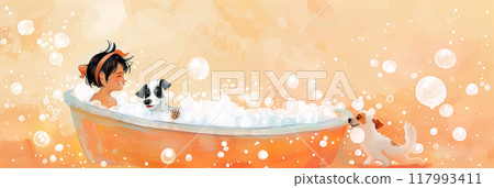 The overflowing bathtub filled with suds and bubbles captures the cheerful and loving interaction between a child and their dog, showcasing the innocent joy and fun of bath time play at home, banner The overflowing bathtub filled with suds and bubbles captures the cheerful and loving interaction between a child and their dog, showcasing the innocent joy and fun of bath time play at home, banner 117993411