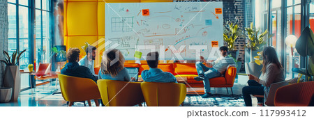 A diverse group of professionals gathers in a sleek office space, brainstorming and writing creative ideas on a whiteboard. The collaborative environment sparks teamwork, culture of possibility A diverse group of professionals gathers in a sleek office space, brainstorming and writing creative ideas on a whiteboard. The collaborative environment sparks teamwork, culture of possibility 117993412