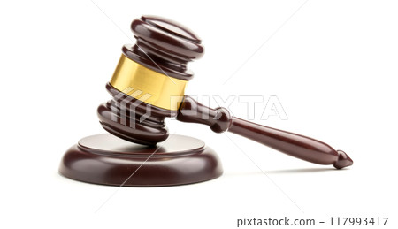 Wooden gavel isolated on white background. law, order, justice, courtroom, decision, legal system, authority, auction, bidding process, closeup 117993417