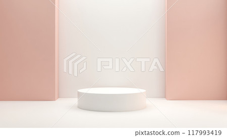 Minimalist product display, white cylinder pedestal, soft pink background, subtle lighting, clean design, showcasing items, perfect for advertising, marketing, promotional materials, commercial use 117993419