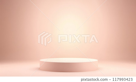 Product podium presentation, pink cylindrical pedestal center stage, pink backdrop, merchandise, promotional materials, advertising space, marketing presentation, showcase platform 117993423