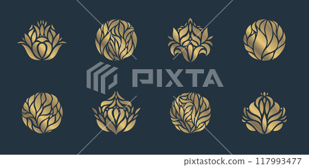 Vector set of floral leaf golden logos, circle plant emblems, round beauty, bio, therapy organic badges. Lotus, tulip shapes, prints. 117993477