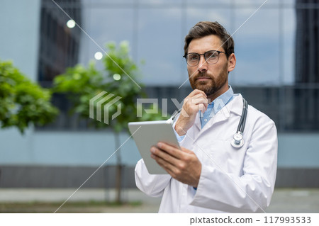 Male doctor in white coat holding tablet, standing outdoors. Serious expression with hand on chin, conveying professionalism and focus. Modern healthcare professional using technology Male doctor in white coat holding tablet, standing outdoors. Serious expression with hand on chin, conveying professionalism and focus. Modern healthcare professional using technology 117993533