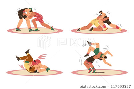 Set of wrestling men in ring flat style, vector illustration 117993537
