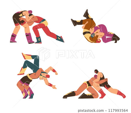 A set of vector icons depicting wrestlers in a duel, demonstrating the techniques of freestyle and Greco-Roman wrestling. 117993564