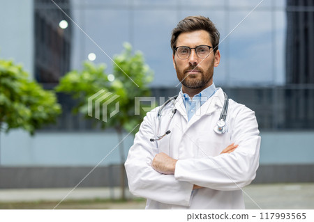 Portrait of confident doctor with crossed arms in white coat and stethoscope. Depicts professionalism, medical expertise, and dedication. Ideal for healthcare, hospital, and medical practice concepts. 117993565