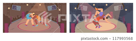 Dynamic wrestling match vector illustration set Dynamic wrestling match vector illustration set 117993568
