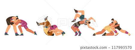 Strong wrestlers men fighting in sportwear vector set, cartoon Greco Roman wrestling battle, sport game competition 117993570
