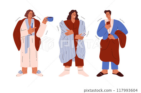 A set of vector illustrations depicting people wrapped in blankets. A set of vector illustrations depicting people wrapped in blankets. 117993604