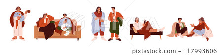 Happy people sitting and standing under the blanket vector flat set, cozy mood, friends relaxing and speaking with cat 117993606
