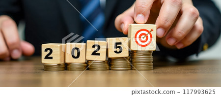 Income Growth Projection for 2025 with Stacked Coins and Target Symbol, Financial Success Concept, Increasing Profit Trend, Investment Return Increase by Year 117993625