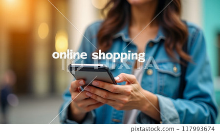 Woman shopping online with smartphone on city street, casual style, ecommerce, browsing store, urban life, young female using phone to buy items online while walking outdoors 117993674